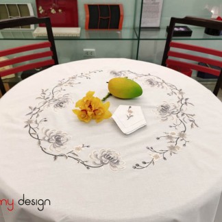 Round table cloth- Grey chrysanthemum embroidery (size 230 cm)